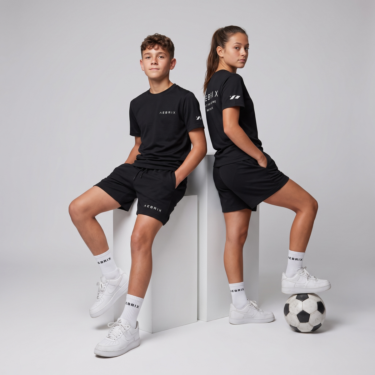 A boy and a girl modeling matching black athletic t-shirts and shorts sets with white socks and sneakers, posed on white display blocks with a soccer ball in a studio setting. AEBRIX