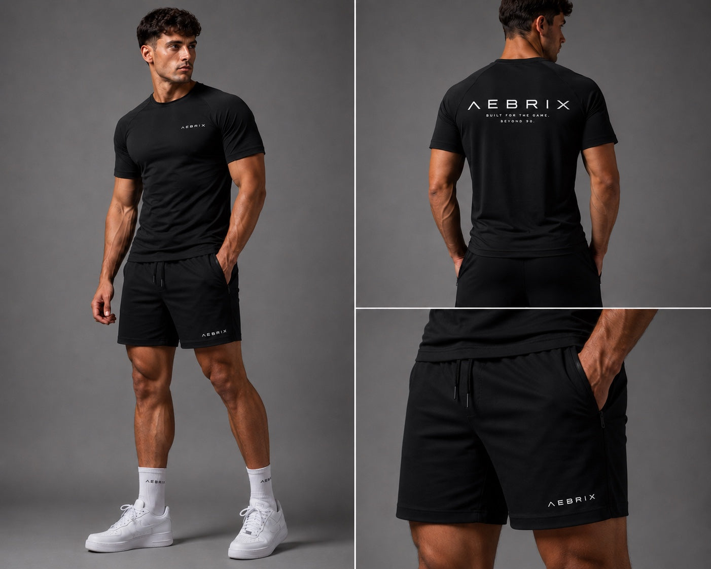 A muscular male model wearing a black AEBRIX short-sleeve athletic t-shirt and matching black shorts, shown in multiple views against a dark gray studio background.