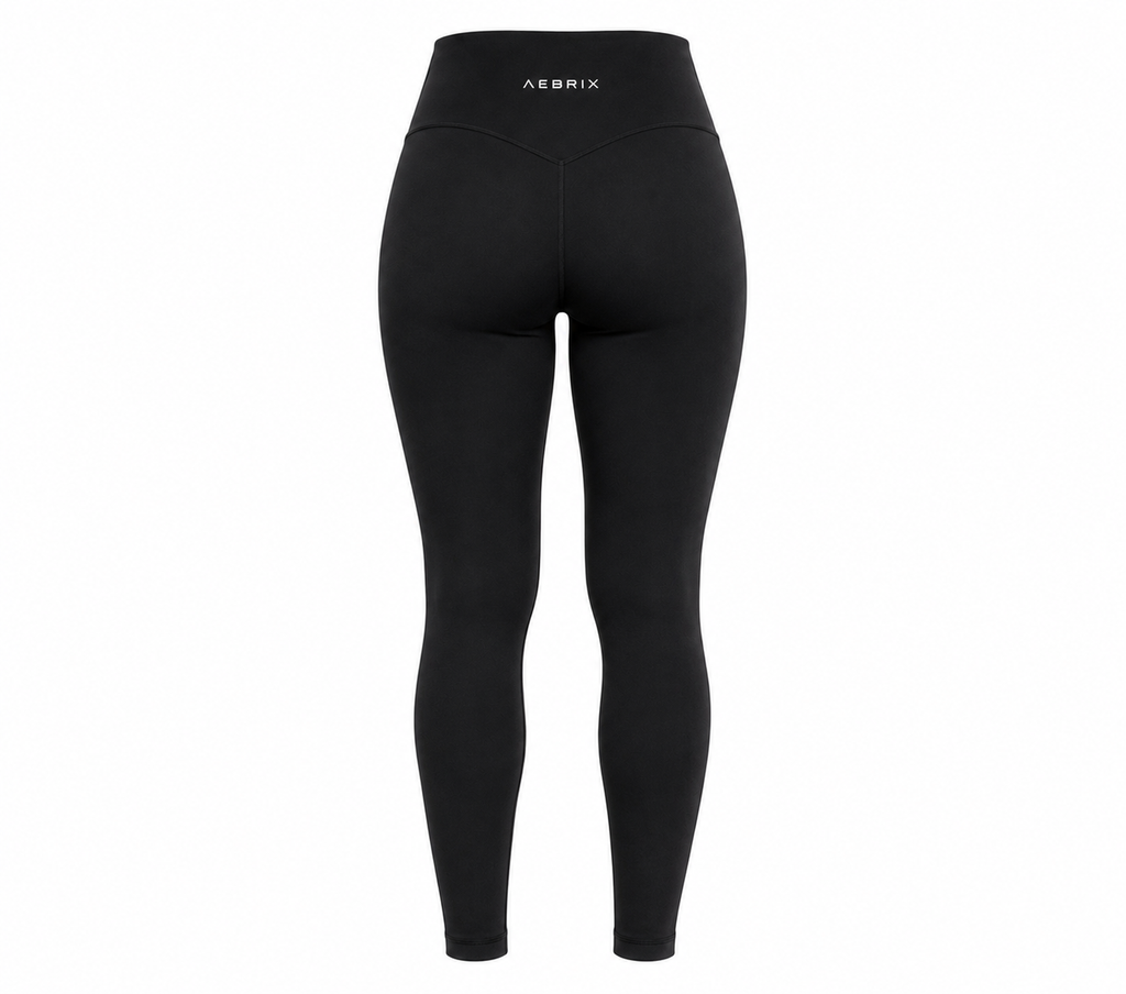 Black high-waisted leggings shown from the back on a clean white background, featuring the AEDRIX brand name printed in white on the waistband.