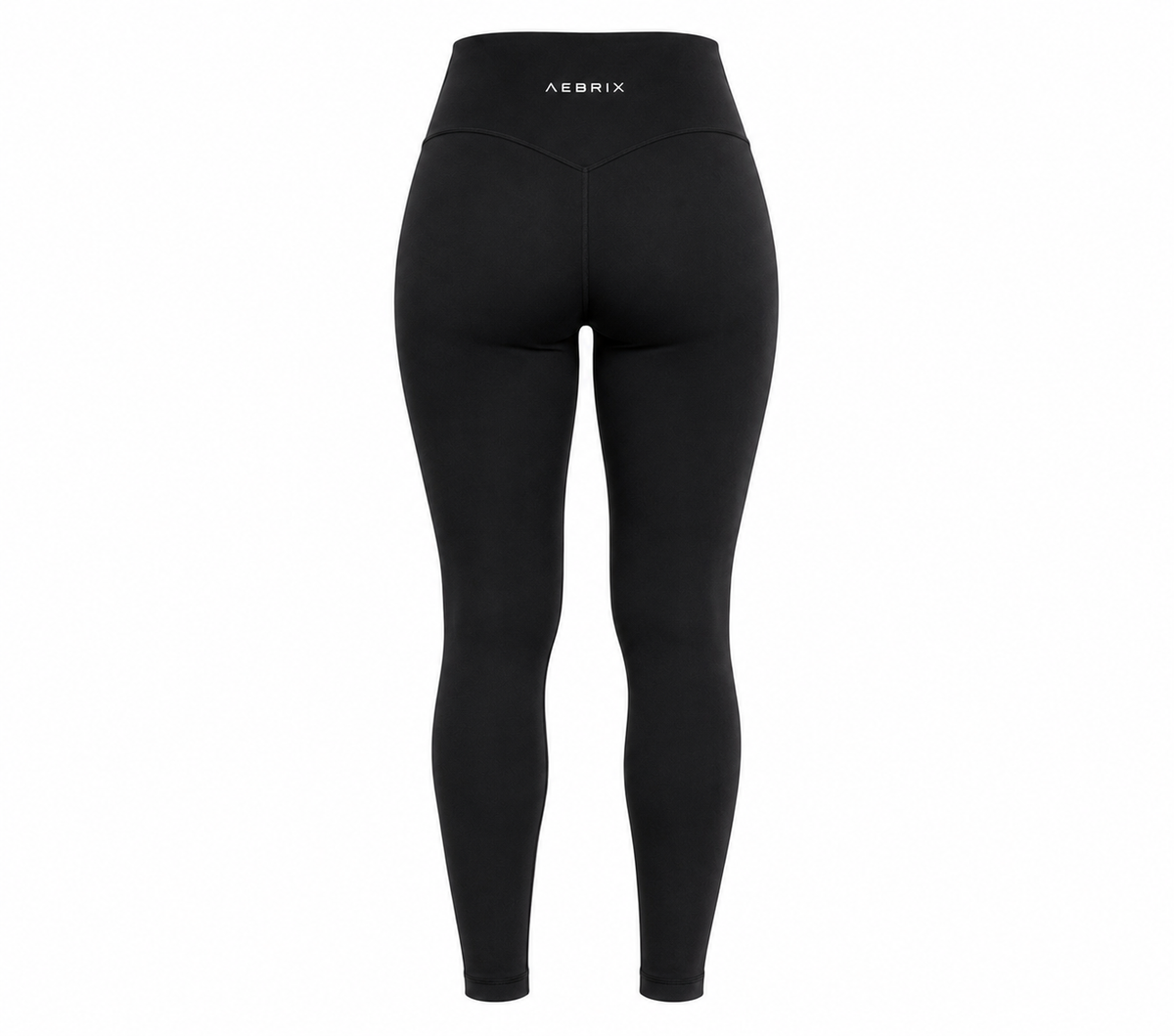 Black high-waisted leggings shown from the back on a clean white background, featuring the AEDRIX brand name printed in white on the waistband.