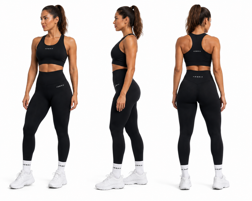 Three views of a woman modeling a black sports bra and high-waisted black leggings set against a plain white studio background. The front, side, and back views show the fit and design of the activewear, with white sneakers and socks visible.