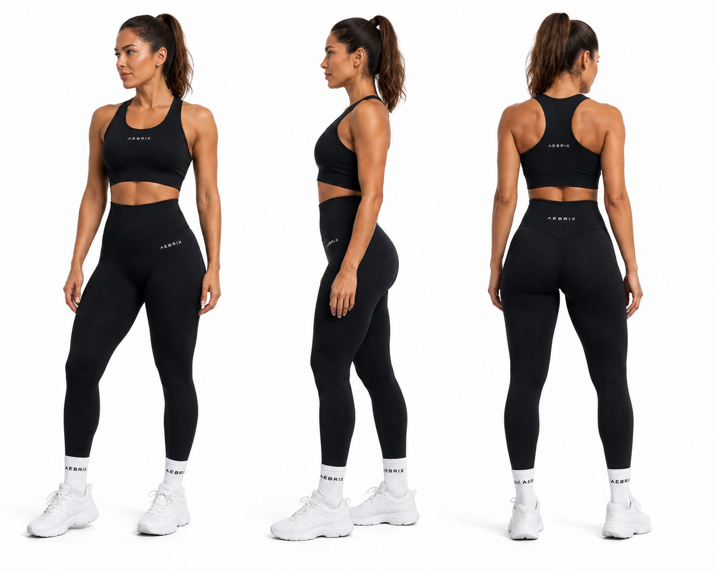 Three views of a woman modeling a black sports bra and high-waisted black leggings set against a plain white studio background. The front, side, and back views show the fit and design of the activewear, with white sneakers and socks visible.