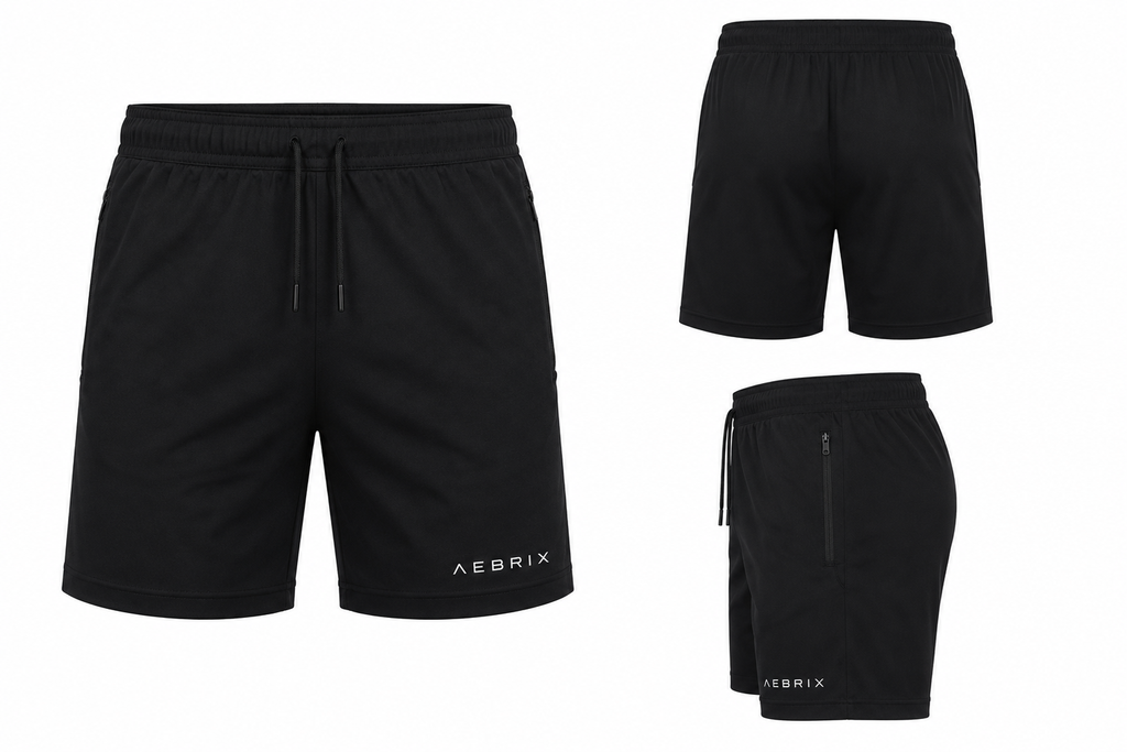 Three views of black athletic shorts by AEBRIX on a white background: a front view with drawstring waist, a back view, and a side view with zippered pocket.