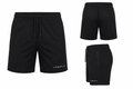 Three views of black athletic shorts by AEBRIX on a white background: a front view with drawstring waist, a back view, and a side view with zippered pocket.