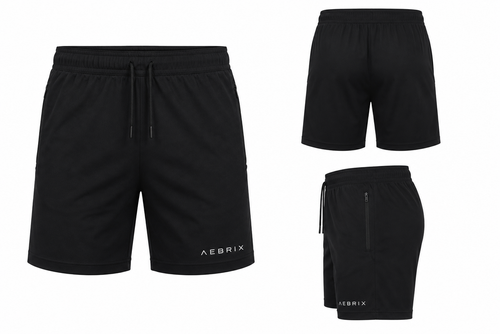 Three views of black athletic shorts by AEBRIX on a white background: a front view with drawstring waist, a back view, and a side view with zippered pocket.