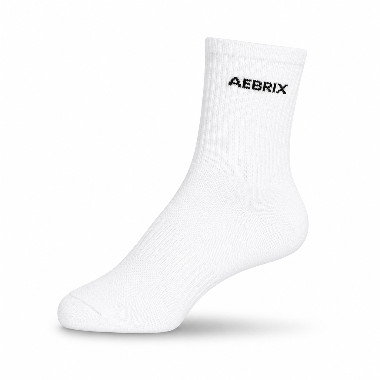 A single white crew sock with the brand name 'AEBRIX' printed in black on the side, shown against a plain white background.