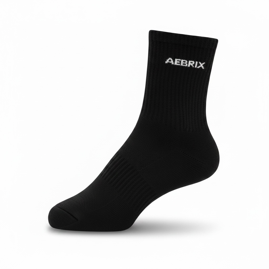 A single black athletic crew sock with the brand name 'AEBRIX' printed in white on the side, shown against a plain white background.