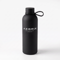 A matte black reusable water bottle with a matching black screw cap and carrying loop, featuring the white printed brand name 'AEBRIX' on the front, set against a clean white background.