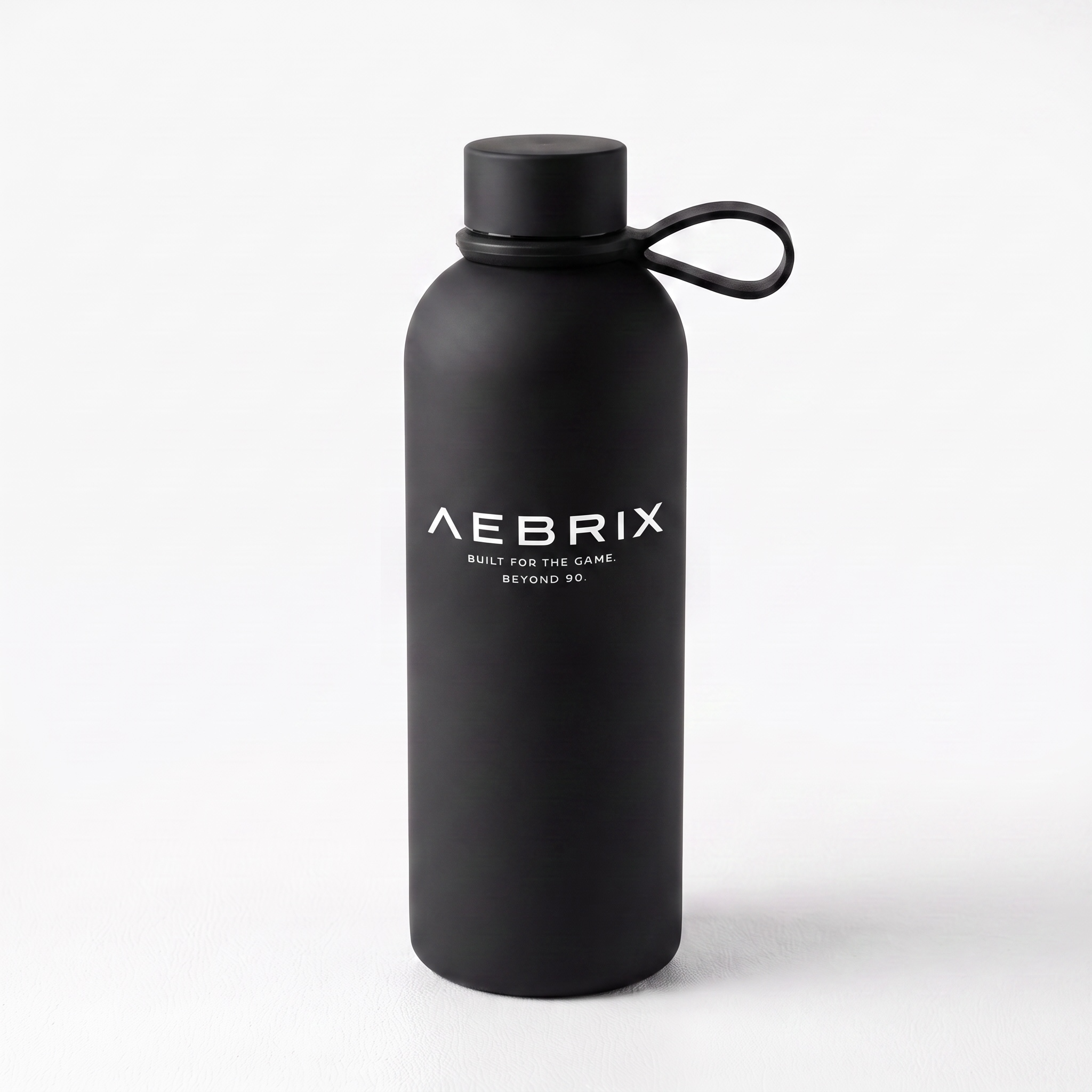 A matte black reusable water bottle with a matching black screw cap and carrying loop, featuring the white printed brand name 'AEBRIX' on the front, set against a clean white background.