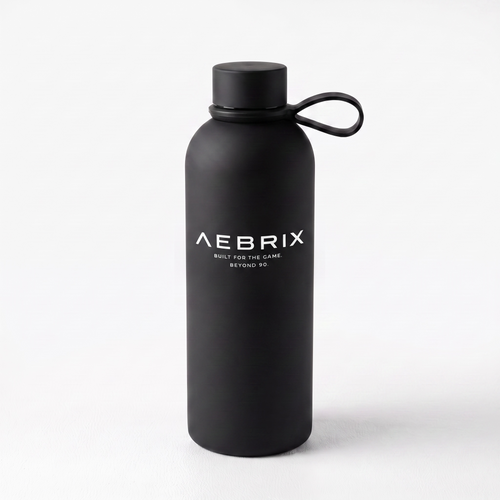 A matte black reusable water bottle with a matching black screw cap and carrying loop, featuring the white printed brand name 'AEBRIX' on the front, set against a clean white background.