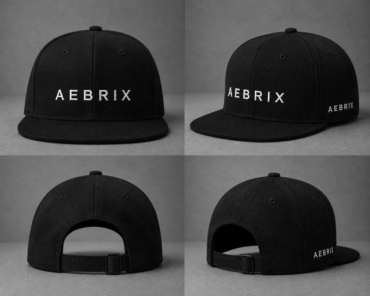 A black snapback cap shown from four angles in a 2x2 grid. The front and side views show the brand name 'AEBRIX' in white text, while the back views show the adjustable strap closure.