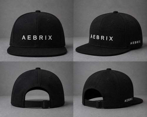 A black snapback cap shown from four angles in a 2x2 grid. The front and side views show the brand name 'AEBRIX' in white text, while the back views show the adjustable strap closure.