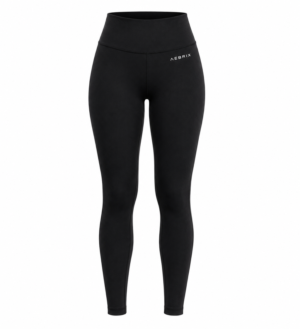 Black high-waisted leggings with a small white AEBRIX logo on the upper right hip, shown on a clean white background.
