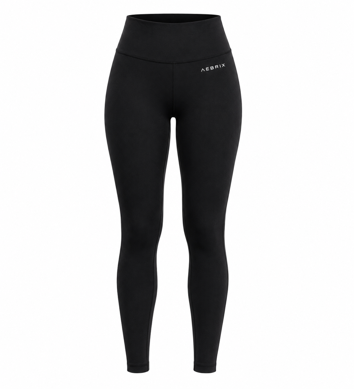 Black high-waisted leggings with a small white AEBRIX logo on the upper right hip, shown on a clean white background.
