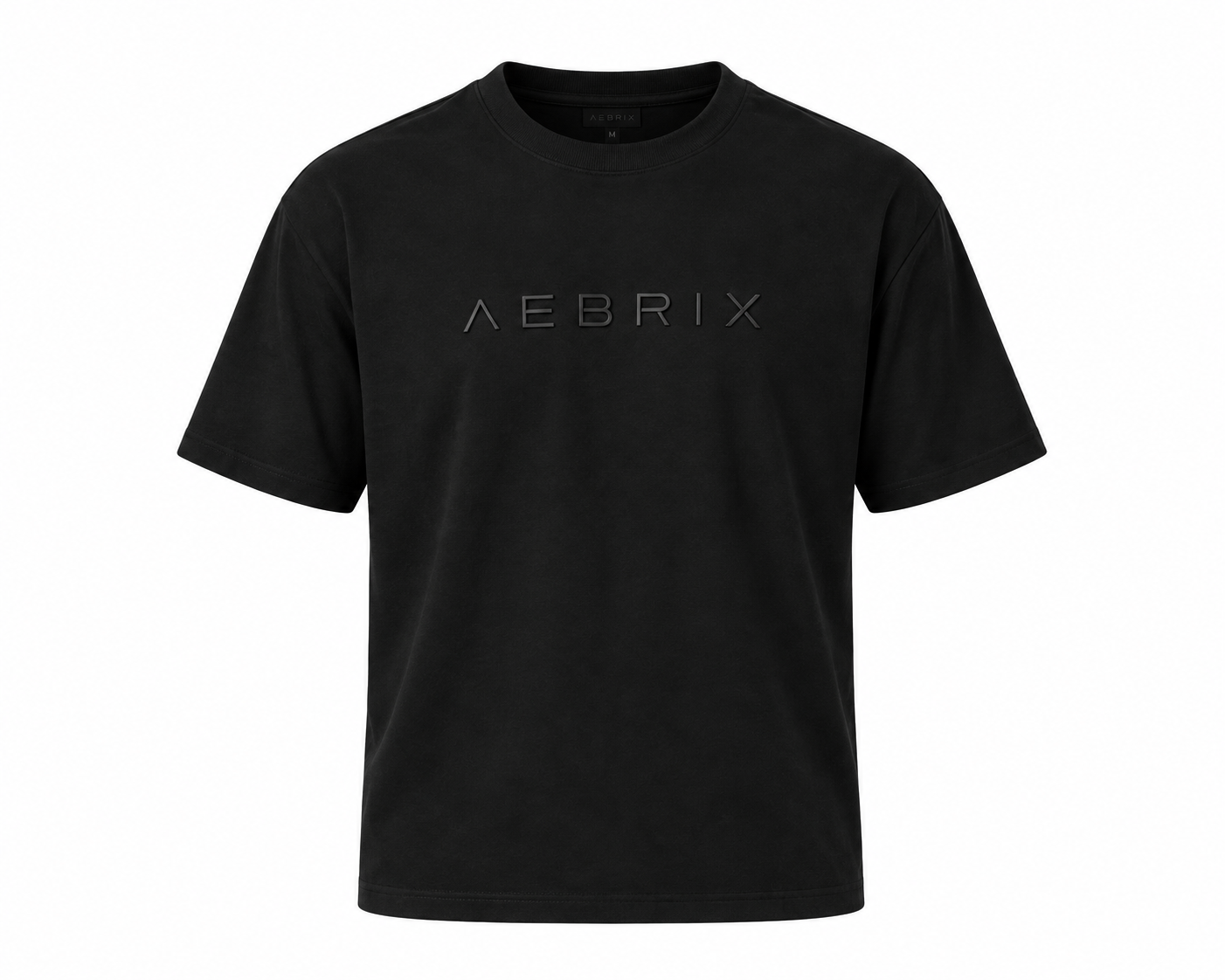 A black short-sleeve crewneck t-shirt with the word 'AEBRIX' printed in a thin, metallic-looking gray font across the chest, displayed on a clean white background.