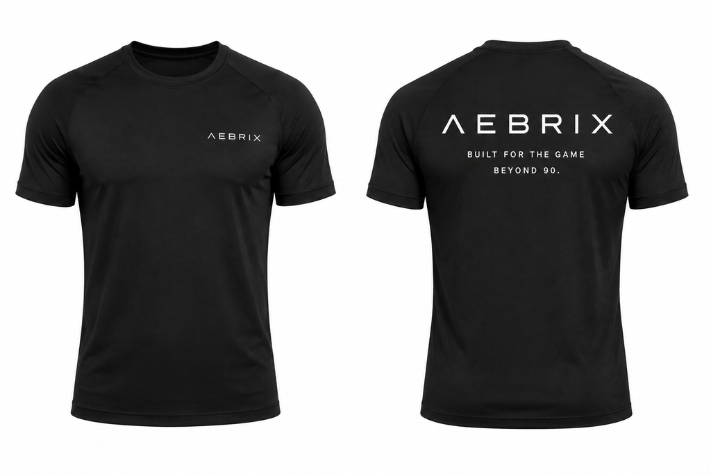 Black short-sleeve athletic t-shirt shown from both front and back views. The front features a small white AEBRIX logo on the left chest, and the back features a larger white AEBRIX logo with the text 'BUILT FOR THE GAME BEYOND GO.