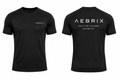 Black short-sleeve athletic t-shirt shown from both front and back views. The front features a small white AEBRIX logo on the left chest, and the back features a larger white AEBRIX logo with the text 'BUILT FOR THE GAME BEYOND GO.