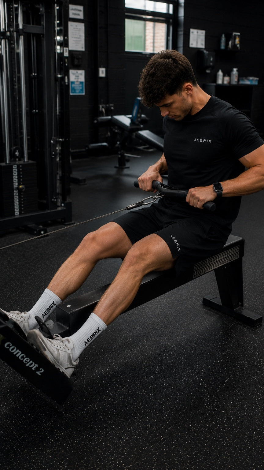 A man in a black crew-neck t-shirt and black shorts sits on a rowing bench pulling a rope on a Concept 2 rowing machine in a dark gym. AEBRIX