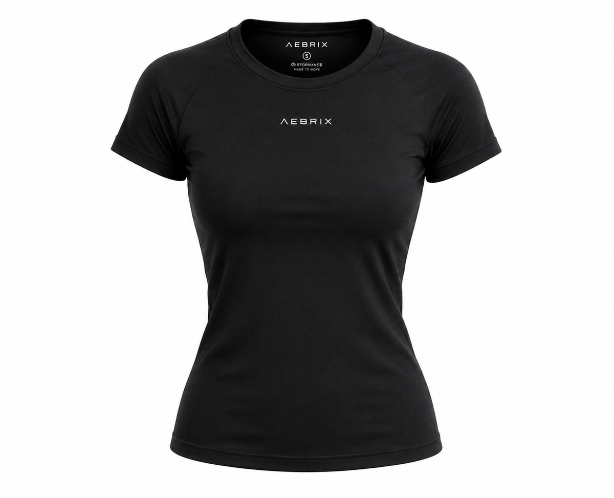 AEBRIX women’s black gym performance T-shirt with fitted athletic design and AEBRIX logo.